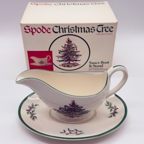 Spode Christmas Tree Gravy Sauce Boat Under Plate 2-Piece Set - Picture 1 of 11
